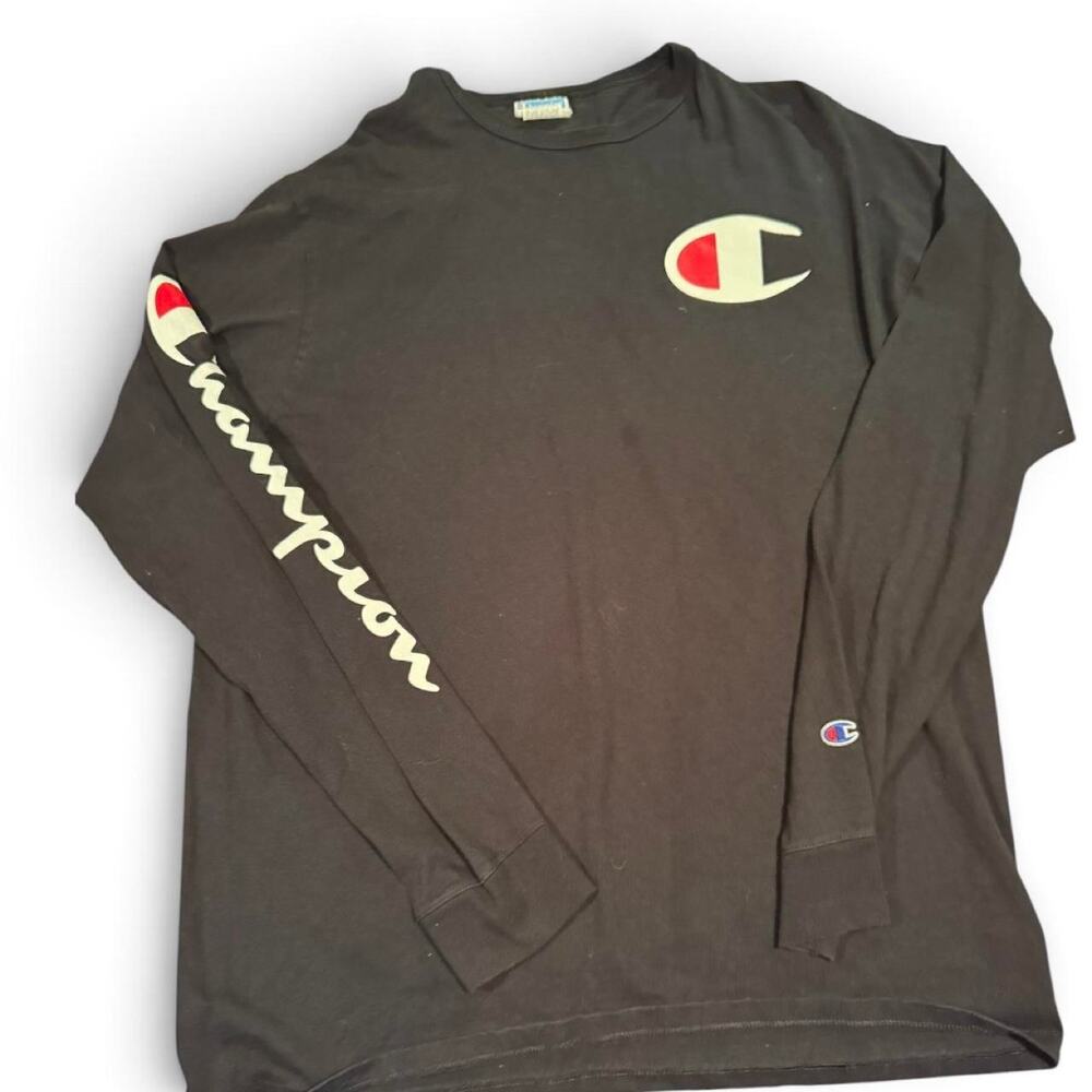 Vintage Champion Long Sleeve Shirt 2XL Black Big Logo Sleeve Spellout 90s Y2K